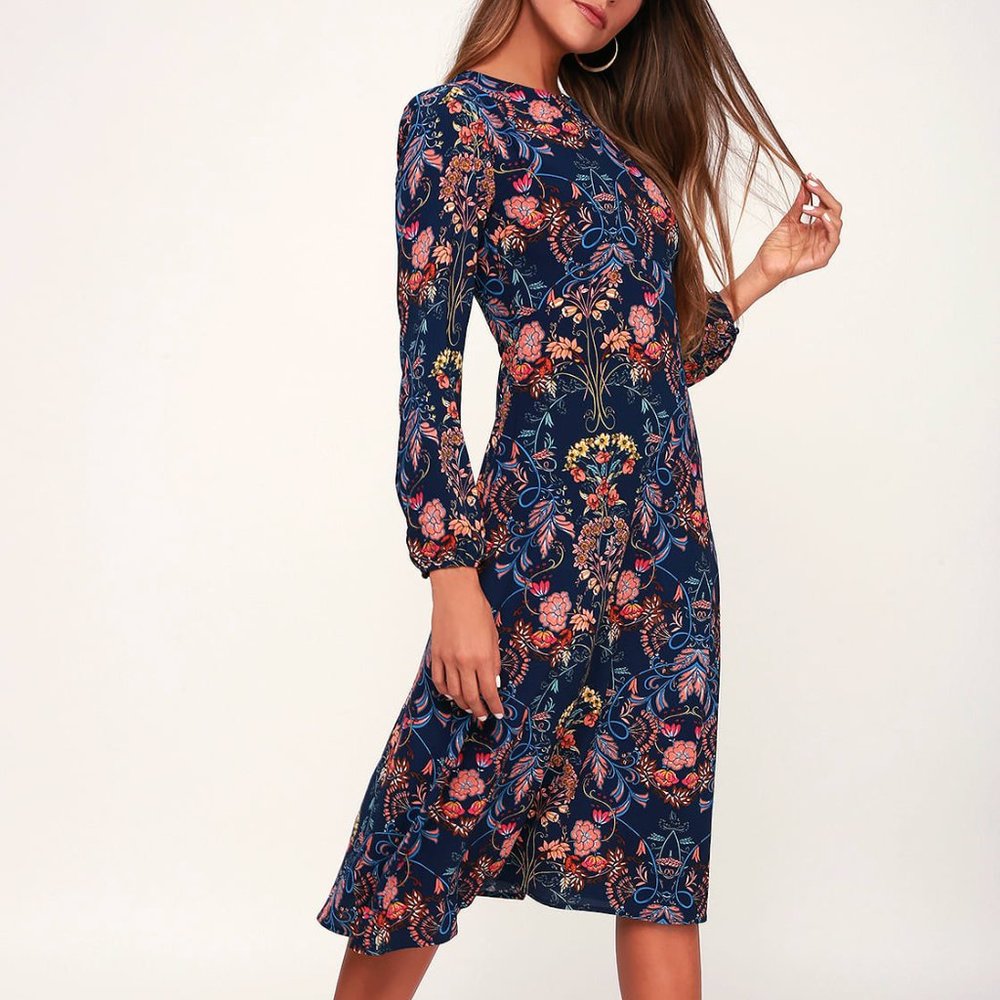 Garden Splendor Navy Blue Floral Print Dress